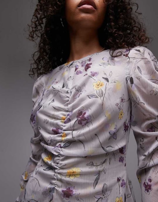 Topshop ruched front mini dress in grey vintage floral - Image 3