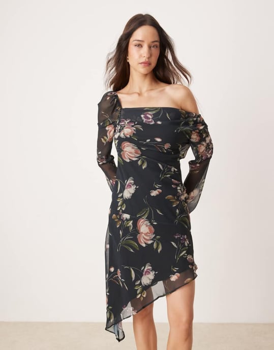 ASOS DESIGN asymmetric floral print long sleeve dress - Image 2