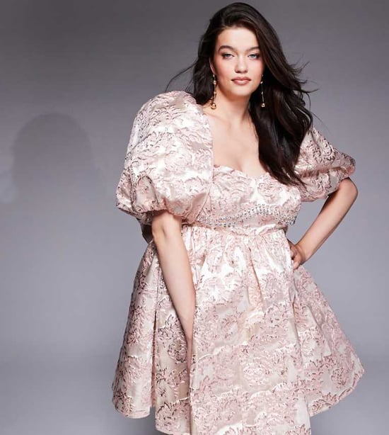 ASOS LUXE Curve jacquard puff sleeve mini dress with embellished bust detail in pink - Image 1