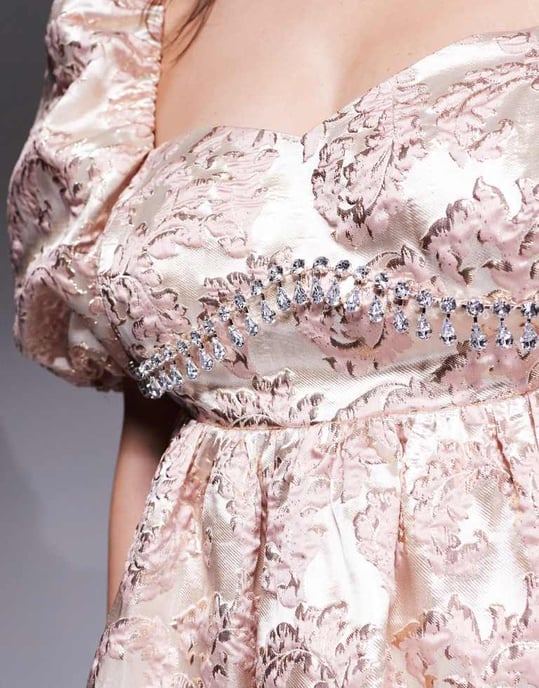ASOS LUXE Curve jacquard puff sleeve mini dress with embellished bust detail in pink - Image 3
