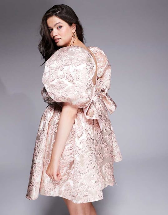 ASOS LUXE Curve jacquard puff sleeve mini dress with embellished bust detail in pink - Image 4