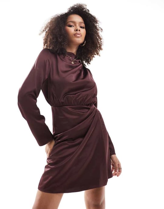 YAS draped satin mini dress in chocolate - Image 3