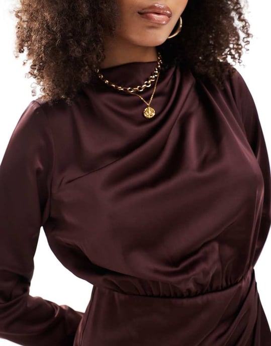 YAS draped satin mini dress in chocolate - Image 4