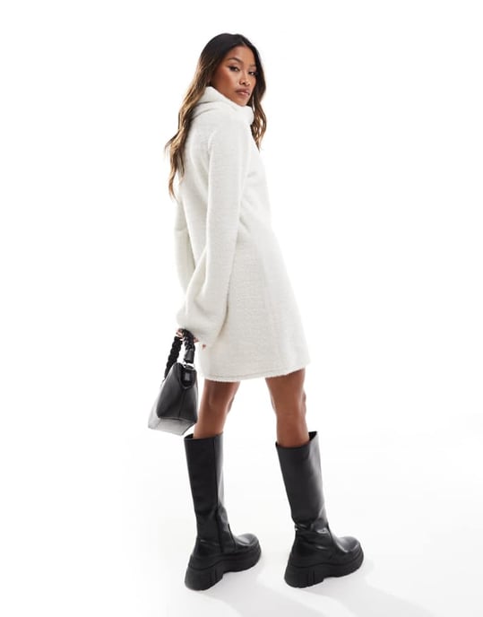 ASOS DESIGN supersoft fluffy roll neck mini jumper dress in cream - Image 2