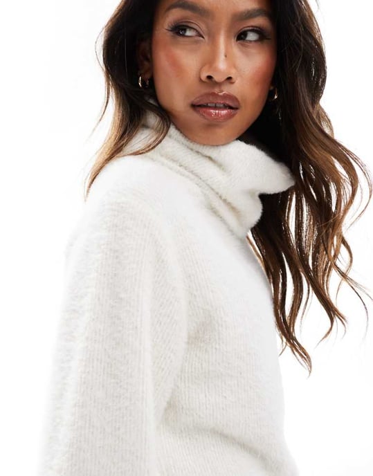 ASOS DESIGN supersoft fluffy roll neck mini jumper dress in cream - Image 3