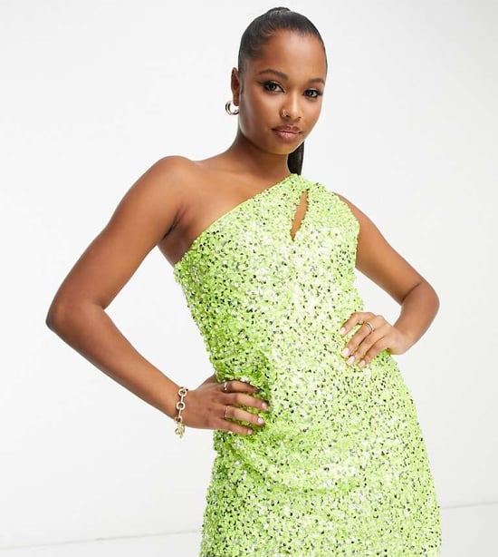 Forever New Petite cut out drape sequin mini dress in lime - Image 1