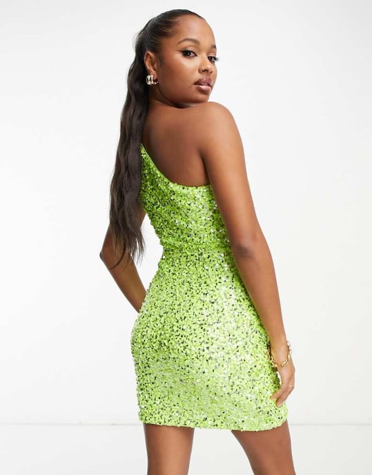 Forever New Petite cut out drape sequin mini dress in lime - Image 2