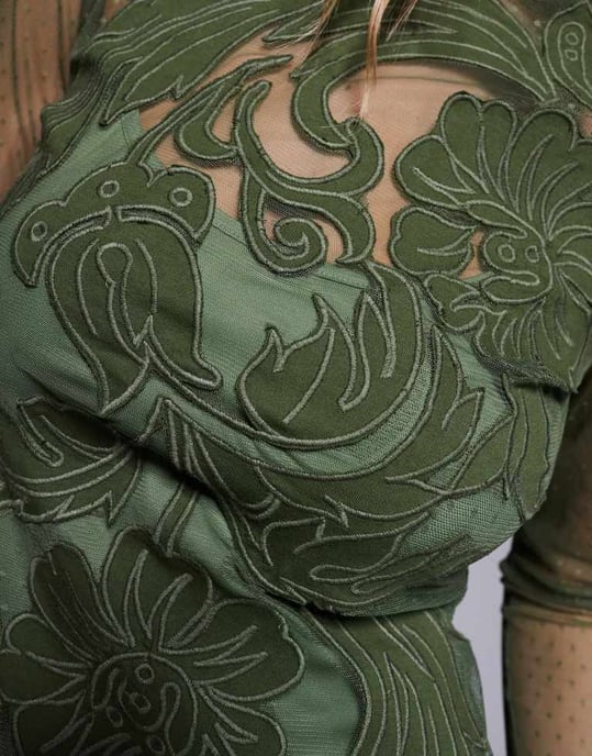 ASOS DESIGN long sleeve lace cutwork applique high neck mini dress in green - Image 4