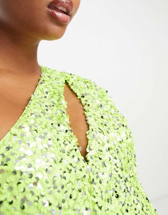 Forever New Petite cut out drape sequin mini dress in lime - Image 4