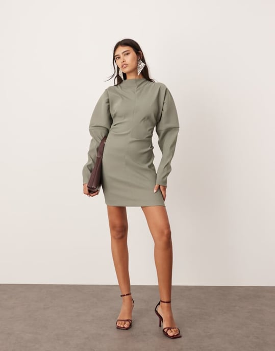 ASOS EDITION structured sleeve mini dress with pleat waist in khaki green - Image 1