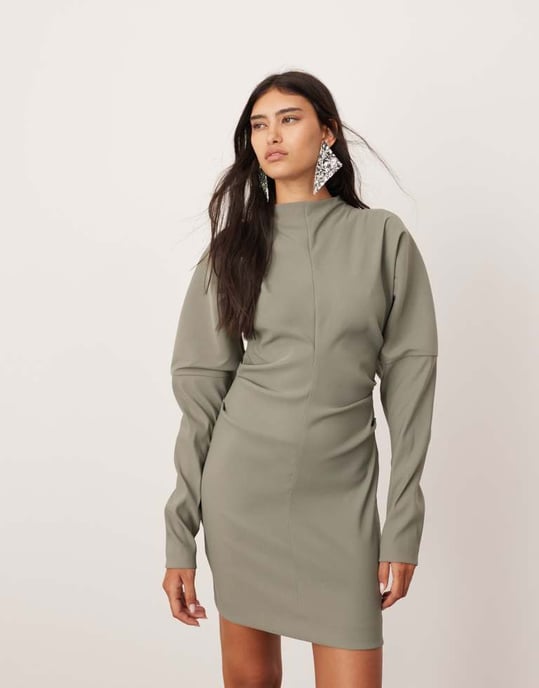 ASOS EDITION structured sleeve mini dress with pleat waist in khaki green - Image 2