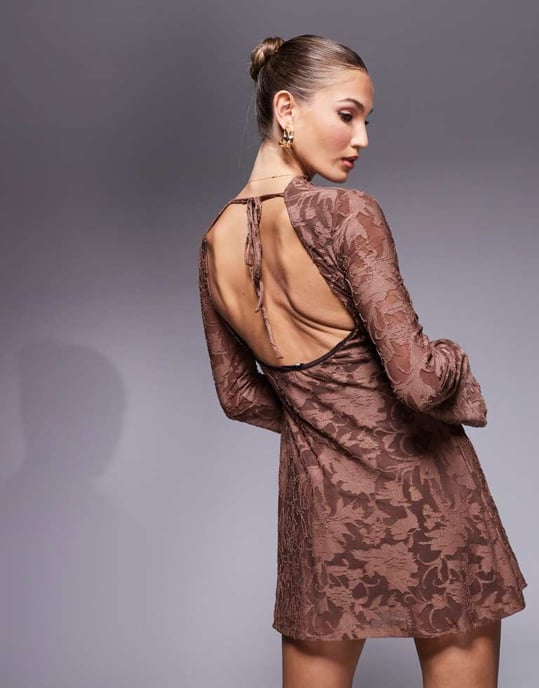 ASOS DESIGN long sleeve mini dress with high neck and open back in brown devore - Image 2