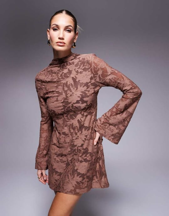 ASOS DESIGN long sleeve mini dress with high neck and open back in brown devore - Image 3