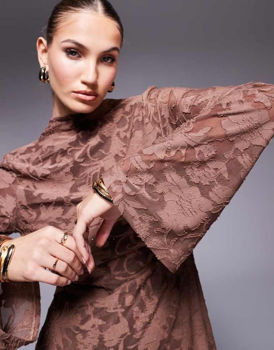 ASOS DESIGN long sleeve mini dress with high neck and open back in brown devore - Image 4