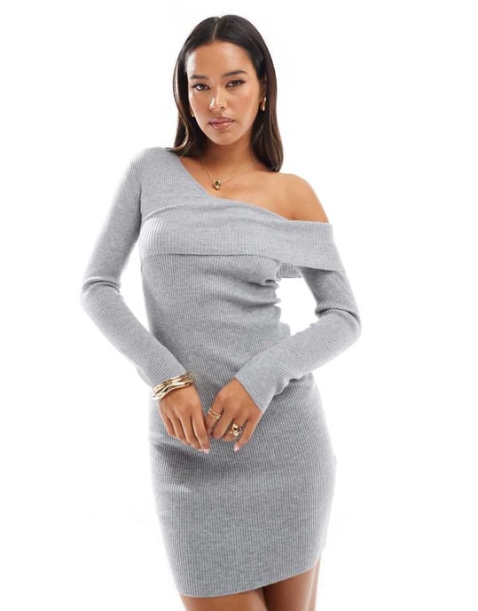 Miss Selfridge asym cosy rib knit mini dress in grey marl - Image 3