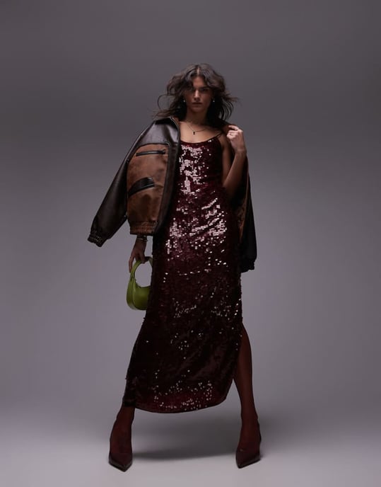 Topshop premium sequin slip maxi dress in oxblood - Image 1