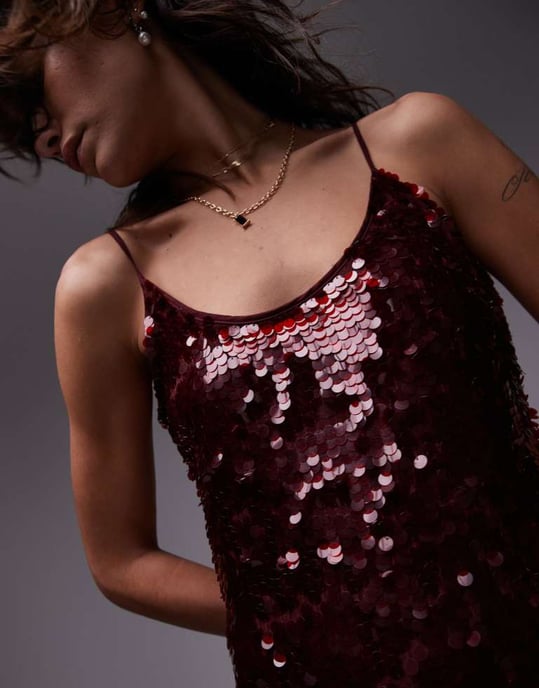 Topshop premium sequin slip maxi dress in oxblood - Image 3