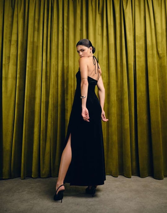 YAS velvet halterneck maxi dress with rosette in black - Image 2