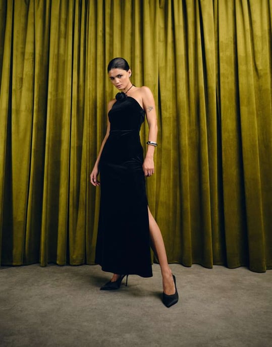 YAS velvet halterneck maxi dress with rosette in black - Image 3