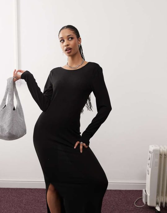 Noisy May scoop back knitted maxi dress in black texture - Image 1