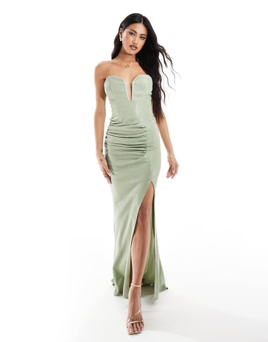 ASOS DESIGN premium metallic bandeau maxi dress with extreme neckline in green - Image 1