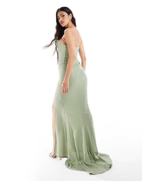 ASOS DESIGN premium metallic bandeau maxi dress with extreme neckline in green - Image 2