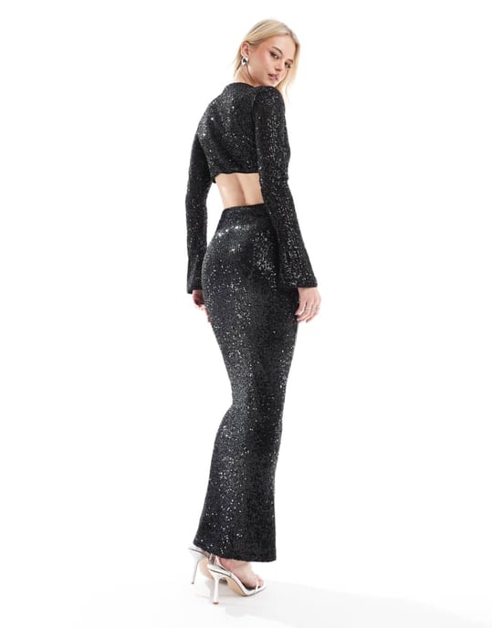 ASOS DESIGN Tall sequin long sleeve wrap around maxi dress with keyhole detail in black - Image 3