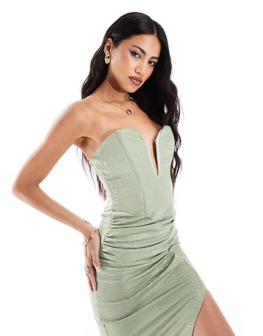 ASOS DESIGN premium metallic bandeau maxi dress with extreme neckline in green - Image 4