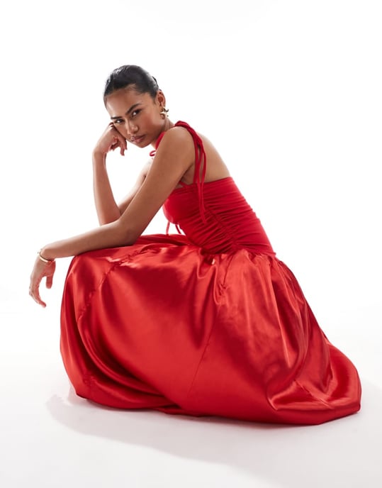Amy Lynn Alexa shoulder tie maxi dress in red satin - Image 2