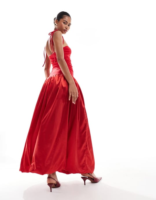 Amy Lynn Alexa shoulder tie maxi dress in red satin - Image 3