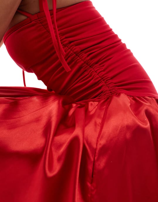 Amy Lynn Alexa shoulder tie maxi dress in red satin - Image 4