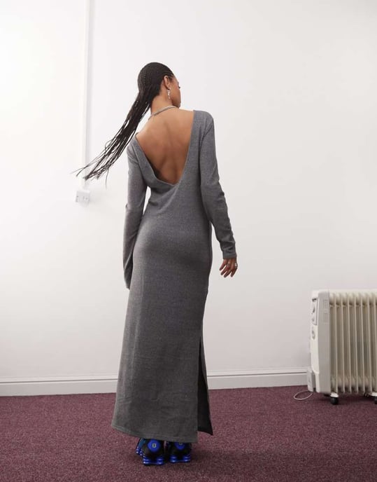Noisy May scoop back knitted maxi dress in grey texture - Image 1