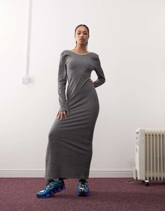 Noisy May scoop back knitted maxi dress in grey texture - Image 2