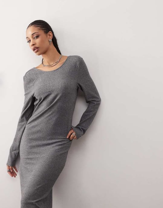 Noisy May scoop back knitted maxi dress in grey texture - Image 4