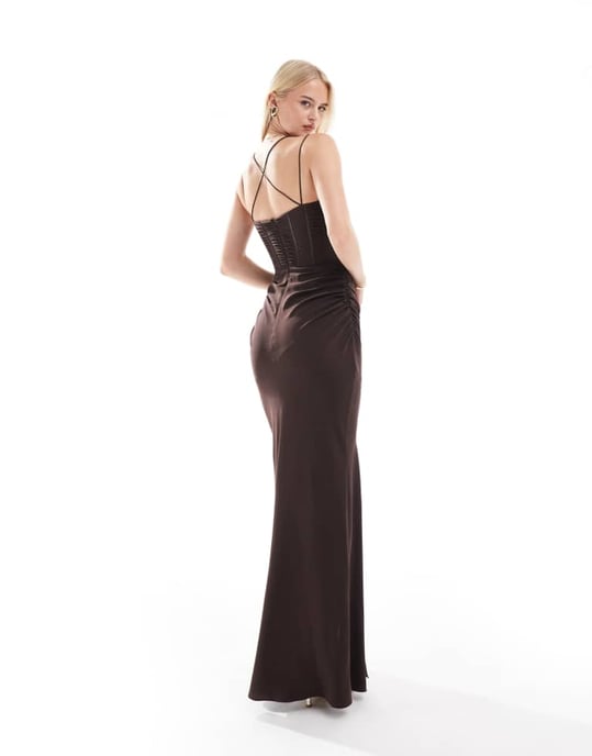 ASOS DESIGN Tall ruched corset maxi dress with ruffle skirt and strap details in chocolate brown - Image 4