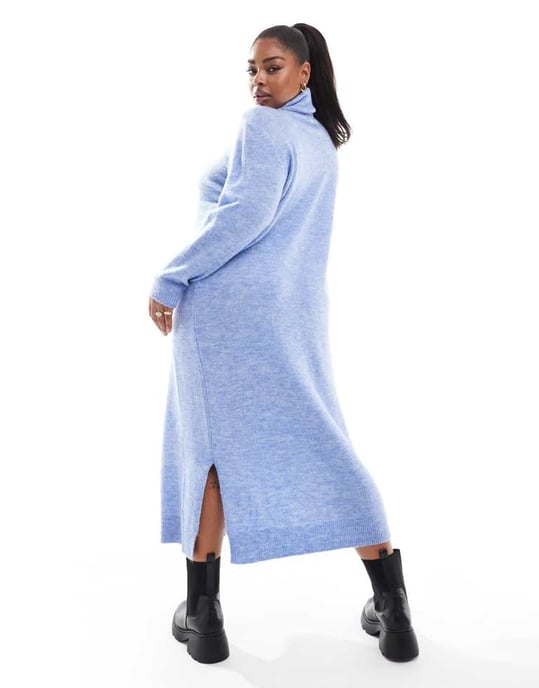 Pieces Curve roll neck maxi jumper dress in hydrangea blue - Image 4