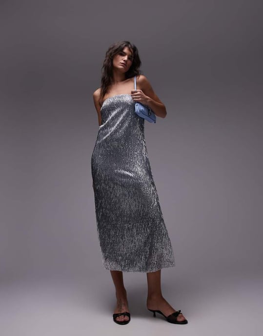 Topshop needle embellished bandeau maxi dress in silver - Image 1
