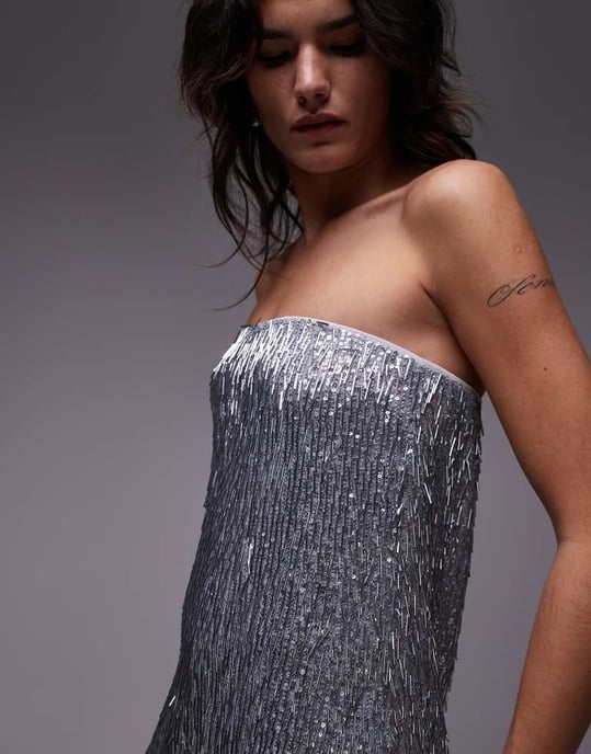 Topshop needle embellished bandeau maxi dress in silver - Image 2
