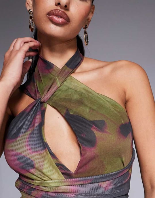 ASOS DESIGN halter cross front maxi dress in dark green & pink floral - Image 2