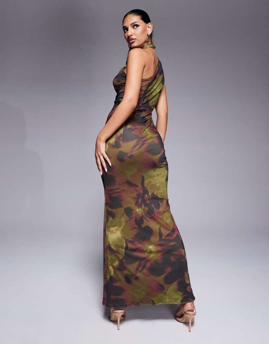 ASOS DESIGN halter cross front maxi dress in dark green & pink floral - Image 3