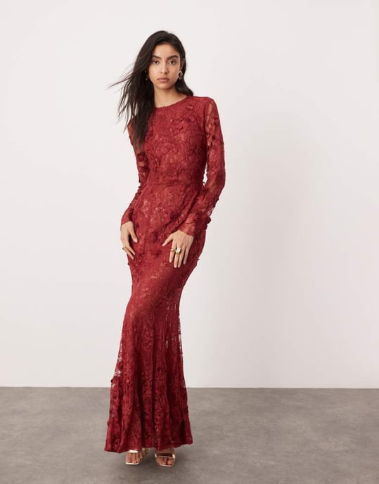 ASOS EDITION embroidered floral long sleeve lace open back maxi dress in burgundy - Image 1