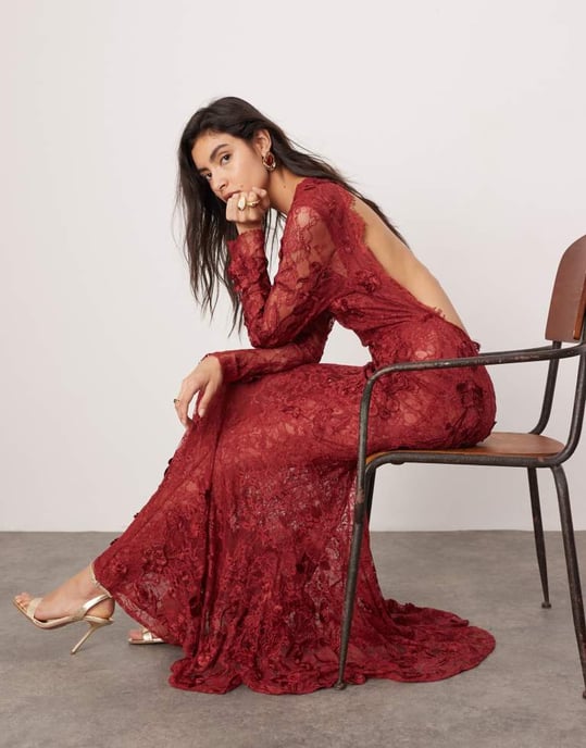 ASOS EDITION embroidered floral long sleeve lace open back maxi dress in burgundy - Image 2