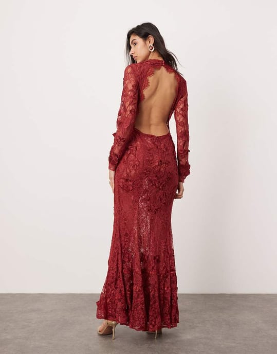 ASOS EDITION embroidered floral long sleeve lace open back maxi dress in burgundy - Image 3