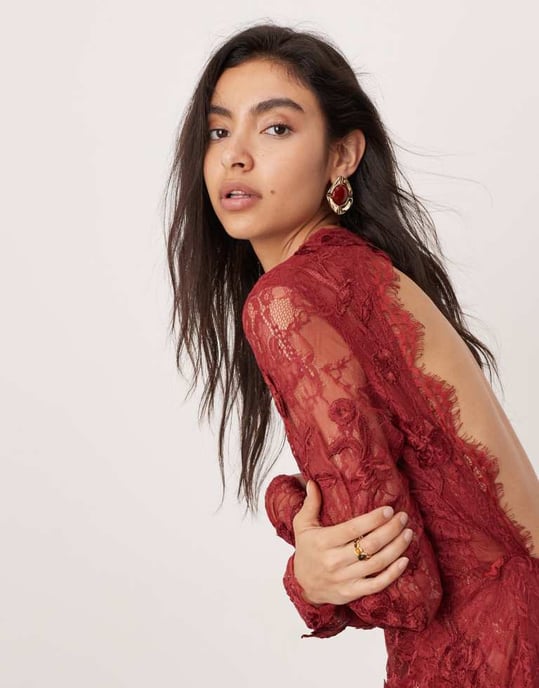 ASOS EDITION embroidered floral long sleeve lace open back maxi dress in burgundy - Image 4