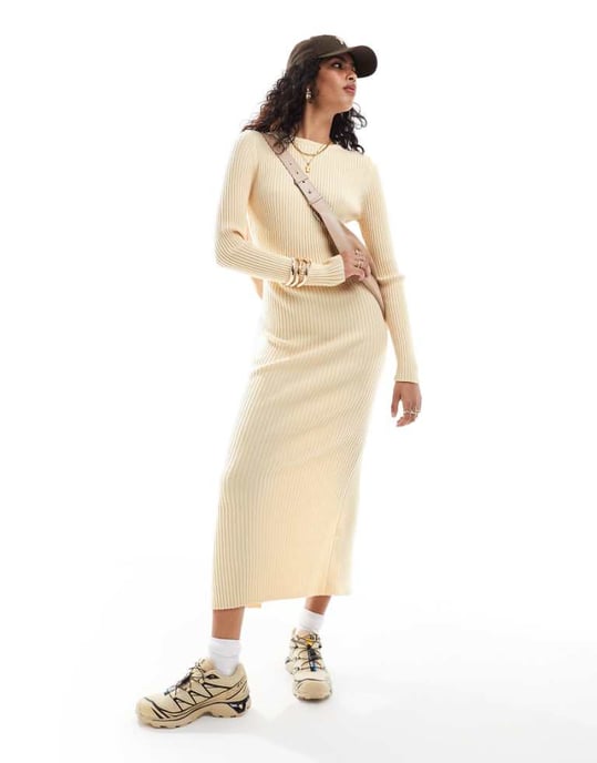 ASOS DESIGN knitted crew neck maxi dress in rib in cream - Image 1