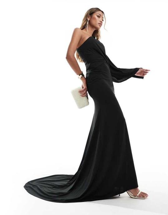 ASOS DESIGN one shoulder premium draped maxi dress with train detail in black - Image 1