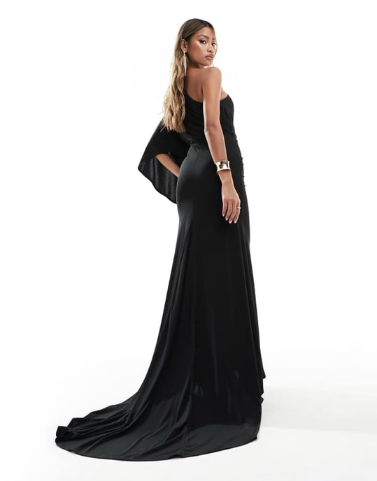 ASOS DESIGN one shoulder premium draped maxi dress with train detail in black - Image 3