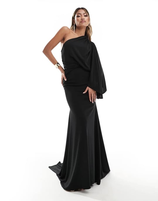 ASOS DESIGN one shoulder premium draped maxi dress with train detail in black - Image 4