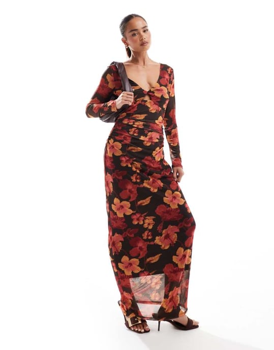 ONLY reversible maxi dress in dark brown floral - Image 1
