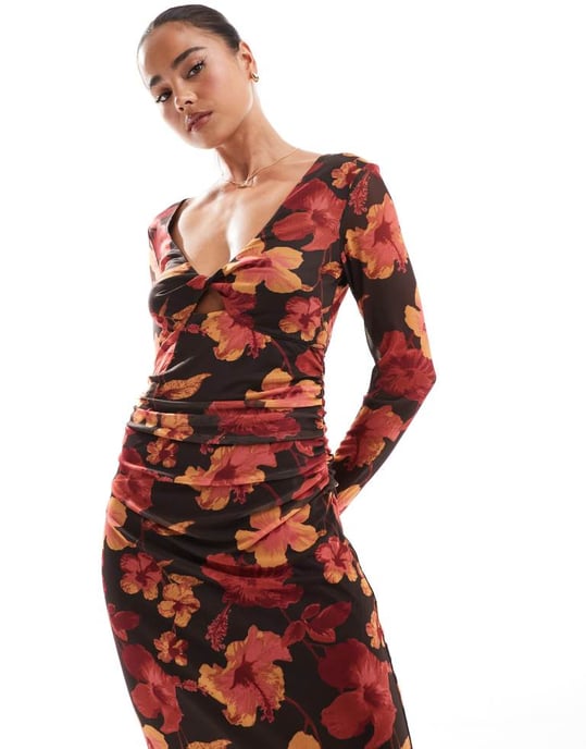 ONLY reversible maxi dress in dark brown floral - Image 2